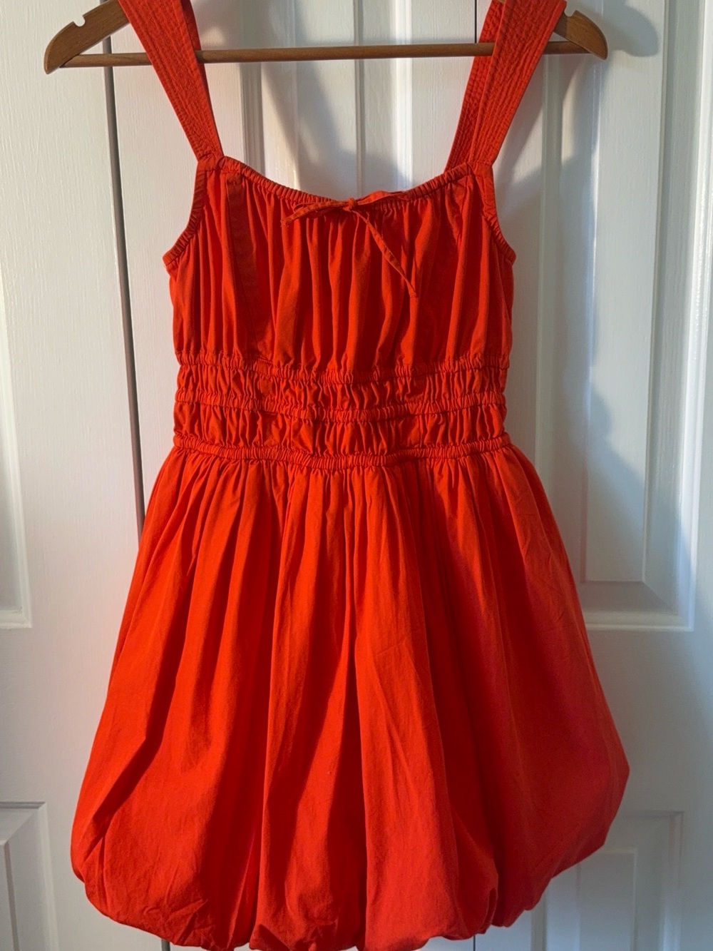 Sunday Best Red-Orange Smocked Bubble Hem Mini Dress
